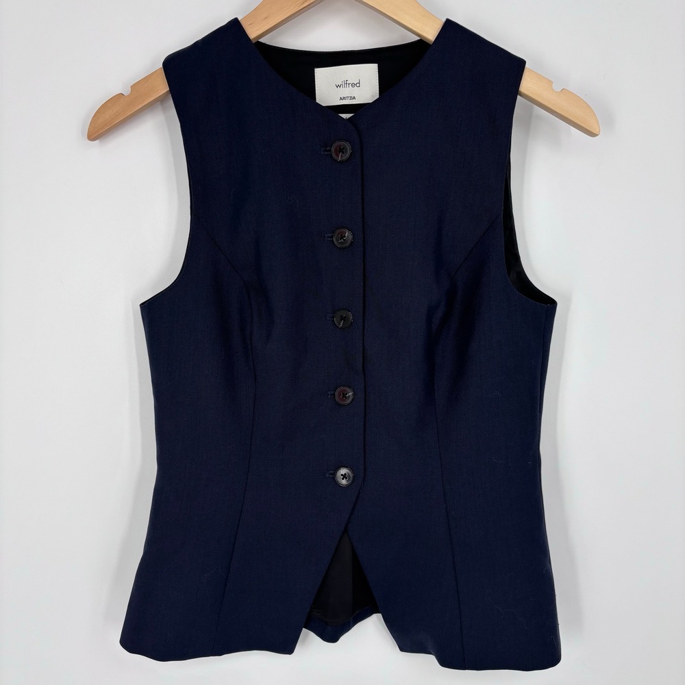 Wilfred Aritzia Regal Wool Blend Button Front Vest Womens 4 Navy Tailored Layer